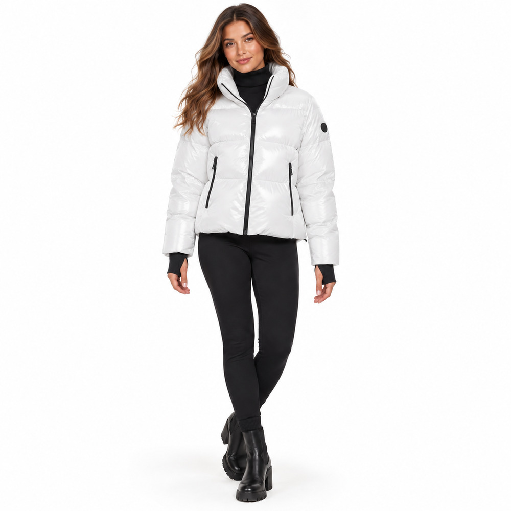 $395 The Recycled Planet Evo Metallic Puffer Ski Jacket Coat Women's Large White